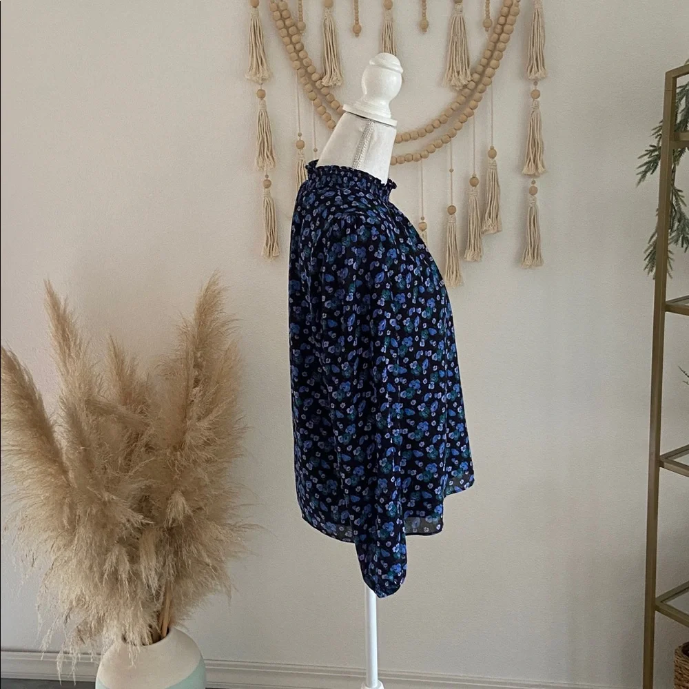 J. Crew mock neck smocked blouse top black & blue floral print crepe spring M